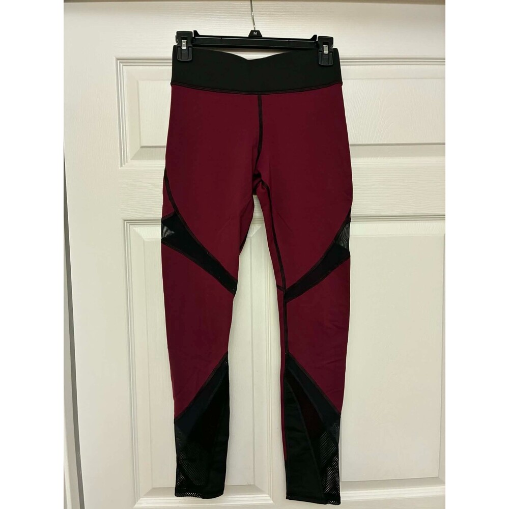 Michi Women’s Athletic Leggings Burgundy Black Mesh‎ Panel High Rise Small